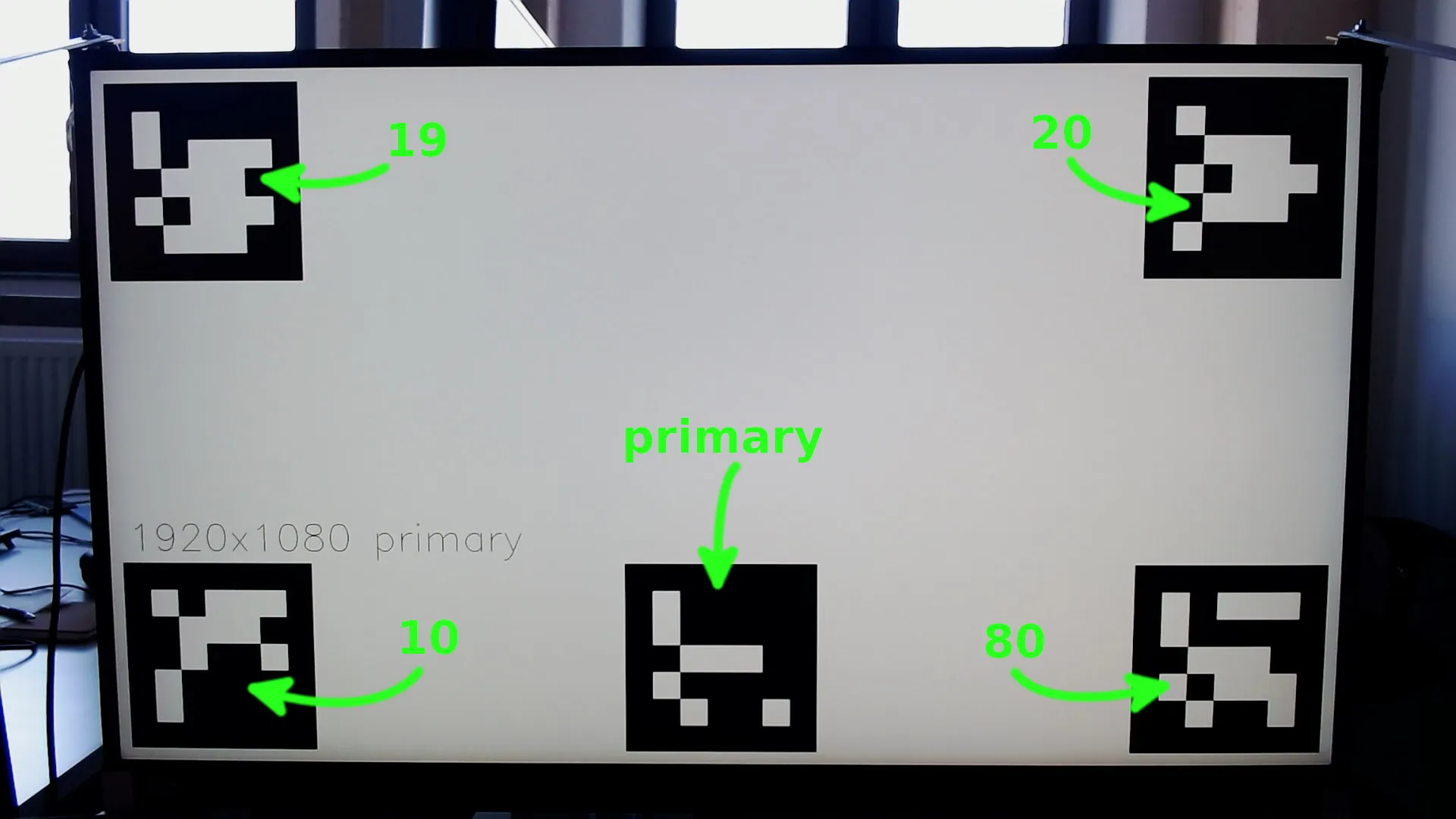 Test Pilot Image with Display Resolution Encoding: The green numbers show how we encoded the information that the display ought to have a resolution of 1920x1080 pixels. The "primary" bit was for differentiating between different displays.